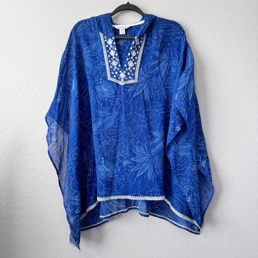 Tommy Bahama Medium Poncho Kaftan Blue Short Sleeve Tropical Hooded Embroidered